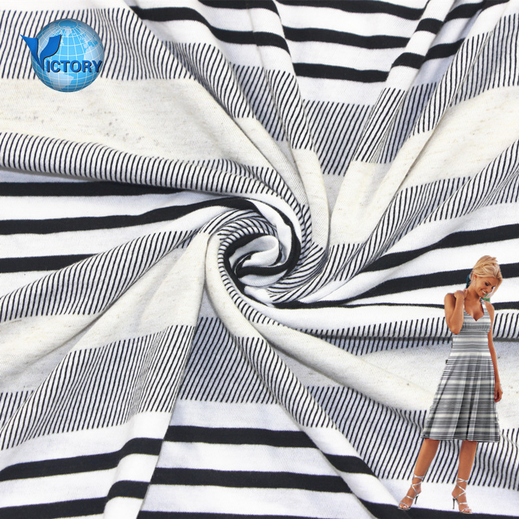 亚麻彩条汗布针织亚麻涤纶色织大提花循环调线彩条单面布汗布面料