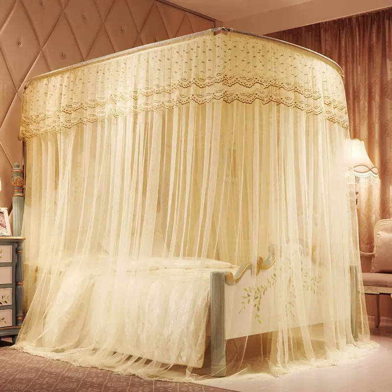 钓鱼竿伸缩蚊帐U型三开门不锈钢管落地支架加粗1.5米1.8m宫廷风