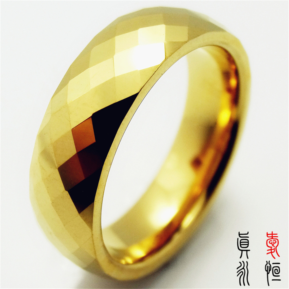 欧美新款厂家供应6/5mm宽菱形批花 金色碳化钨钢戒指 情侣结婚钨