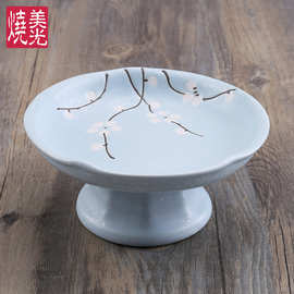 美光烧 日式和风手绘蓝色梅花陶瓷盘子 创意家用餐具高脚水果盘子