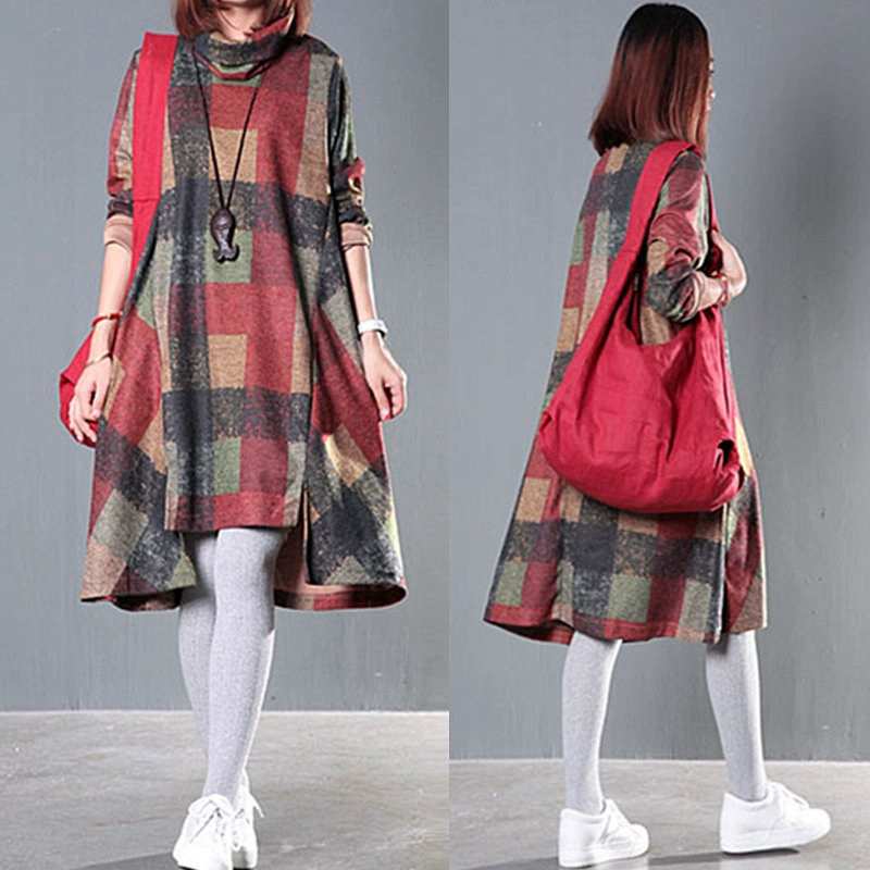 Весенне-осенняя одежда, Женское шерстяное платье средней длины в Корейском стиле, клетчатое платье А-силуэта с длинным рукавом и воротом с воротом, базовая юбка больших размеров