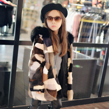 韩版皮草水貂裘皮大衣拼貂中长款狐狸毛带帽兔毛整皮宝宝外套