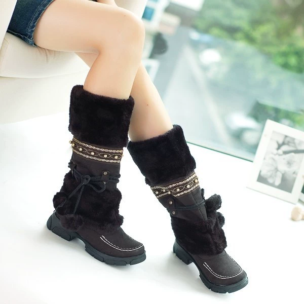 Women’s ethnic winter puffer high boots, faux‑fur lined, ankle to calf 31 cm, sizes 35–43
