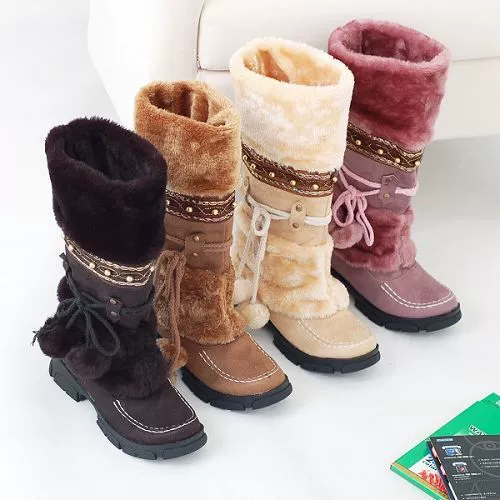 Women’s ethnic winter puffer high boots, faux‑fur lined, ankle to calf 31 cm, sizes 35–43