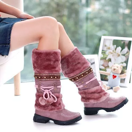 Women’s ethnic winter puffer high boots, faux‑fur lined, ankle to calf 31 cm, sizes 35–43