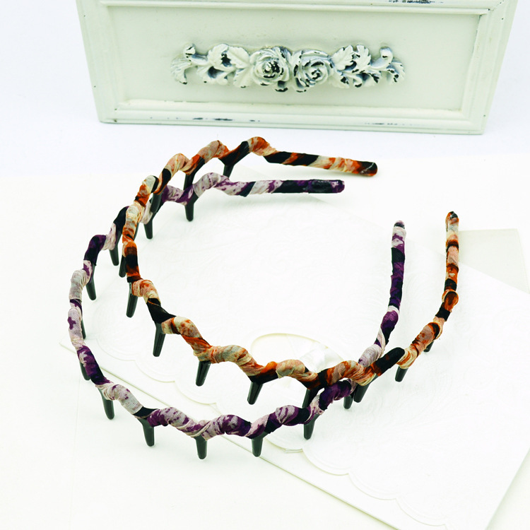 韩国 发饰 手工雪纺豹纹缠绕有齿发箍 简约饶布密齿波浪头箍