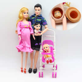 怀孕娃娃套装家庭组 小女孩+小男孩+孕妈妈+爸爸+小推车套装玩具