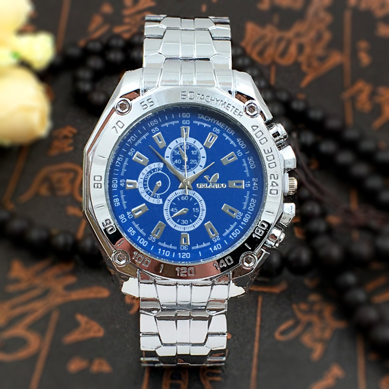 Jianghu three-eye six-pin steel band watch fashion Men's blue dial casual simple watch wholesale