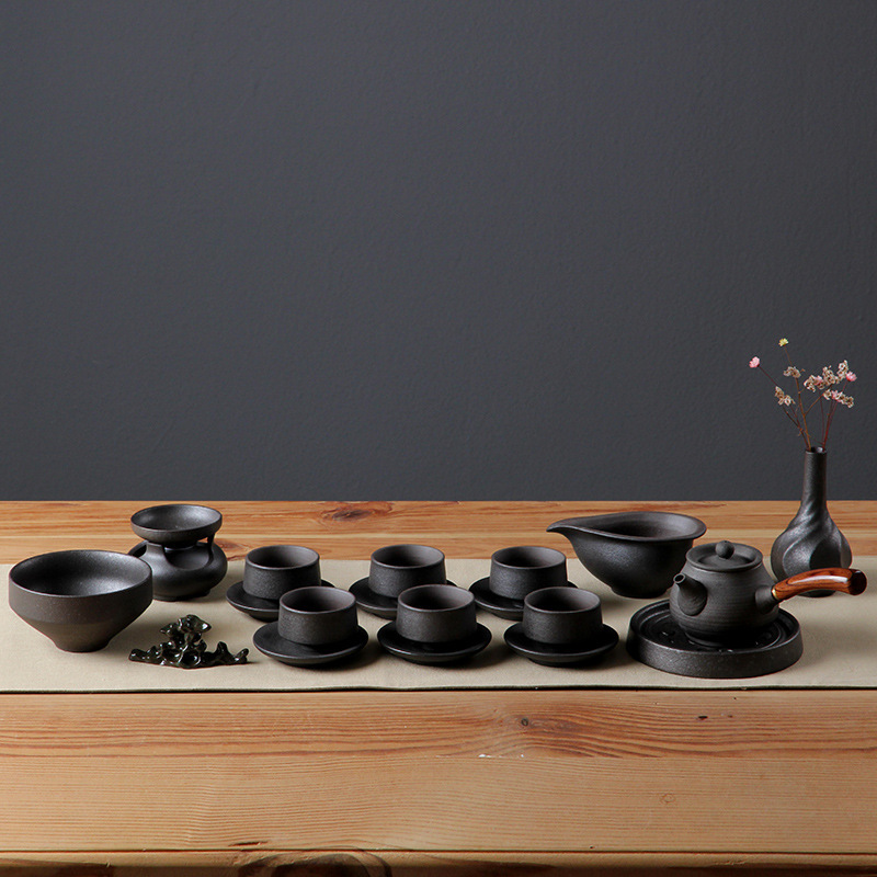 Ceramic kung fu tea set stoneware set wooden handle side handle pot vintage black pottery ZEN Style gift tea set suit
