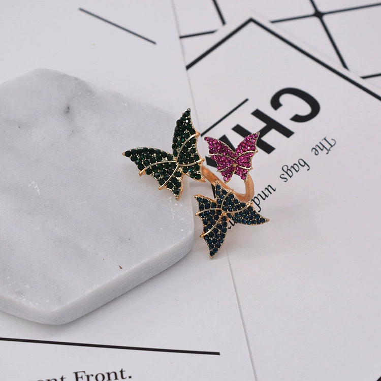 2025 корейская версия европейской и американской цветной Diamond butterfly кристаллическое кольцо с разноцветными розами и открытым кольцом оптовая продажа