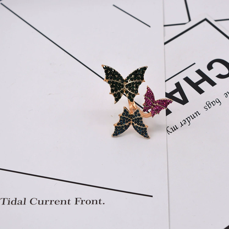 2025 корейская версия европейской и американской цветной Diamond butterfly кристаллическое кольцо с разноцветными розами и открытым кольцом оптовая продажа