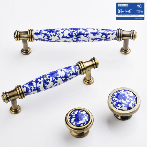 Blue and White Porcelain Ceramic Pull Handle - New Chinese Style Solid Wood Cabinet, Dresser, Shoe Cabinet, Curio Cabinet, Drawer, Single Hole Round Door Handle