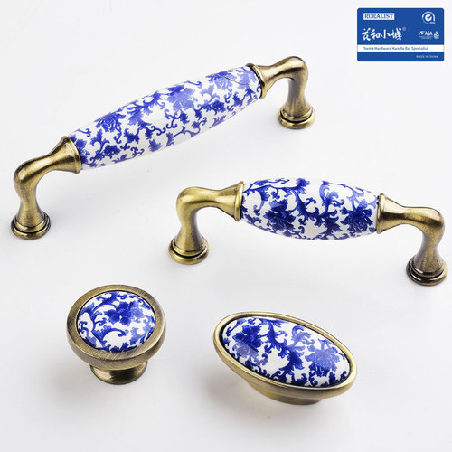 Blue and White Porcelain Ceramic Pull Handle - New Chinese Style Solid Wood Cabinet, Dresser, Shoe Cabinet, Curio Cabinet, Drawer, Single Hole Round Door Handle