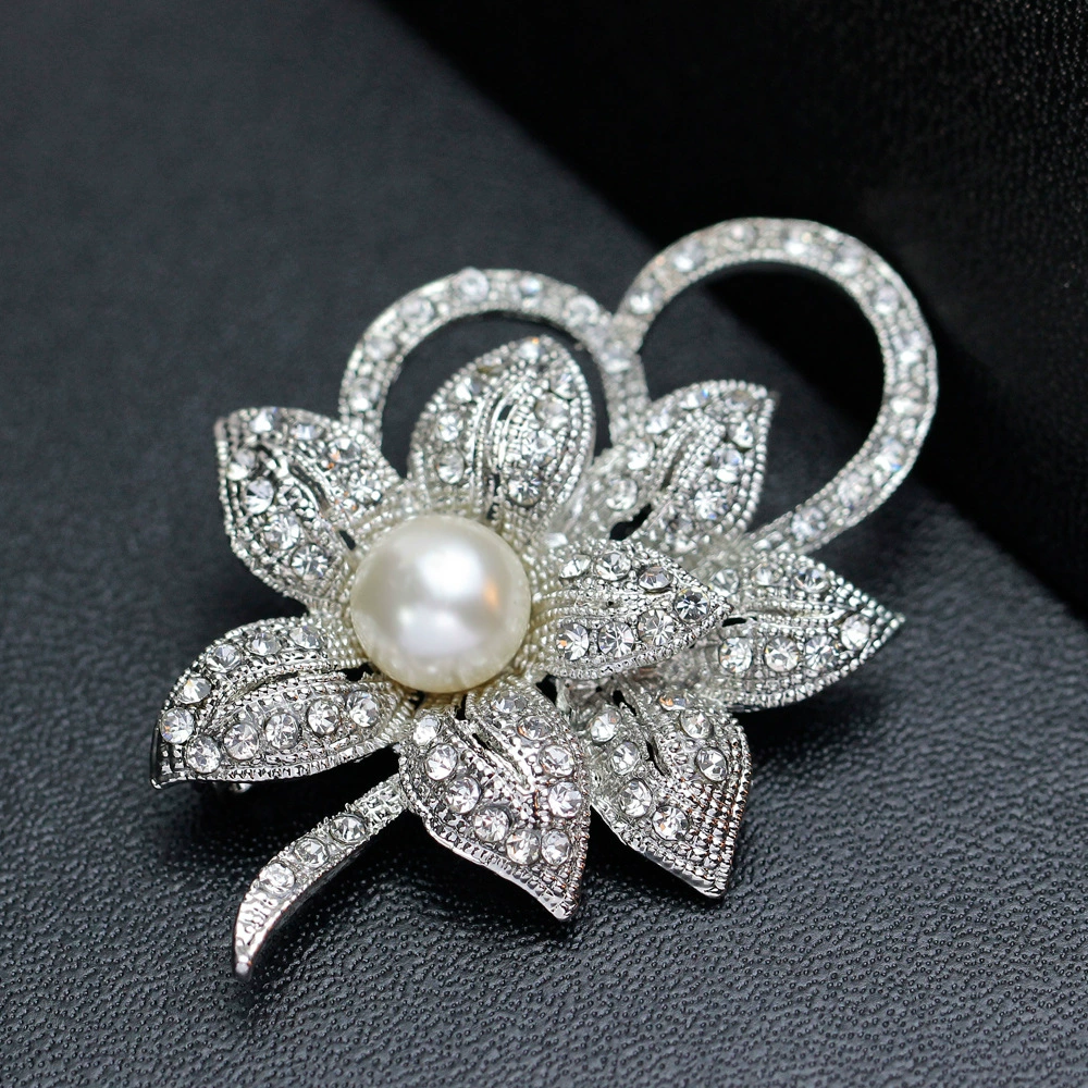 Брошь (Danjun Jewelry) Floral Alloy со стразами, белый электрокоирование, 10,5×7,5 см