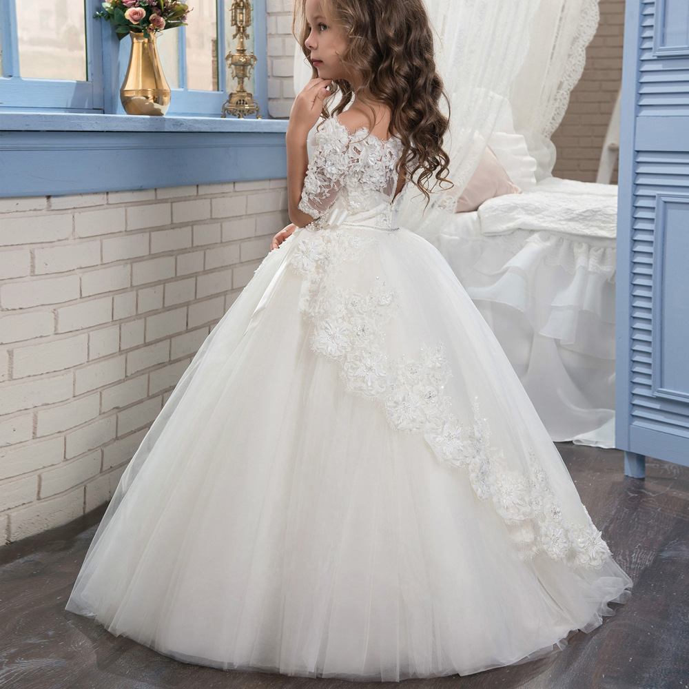Comercio exterior transfronterizo ropa para niños nuevo Blanco Amor encaje floral retro medio manga larga Niña pettiskirt flor niña vestido de novia