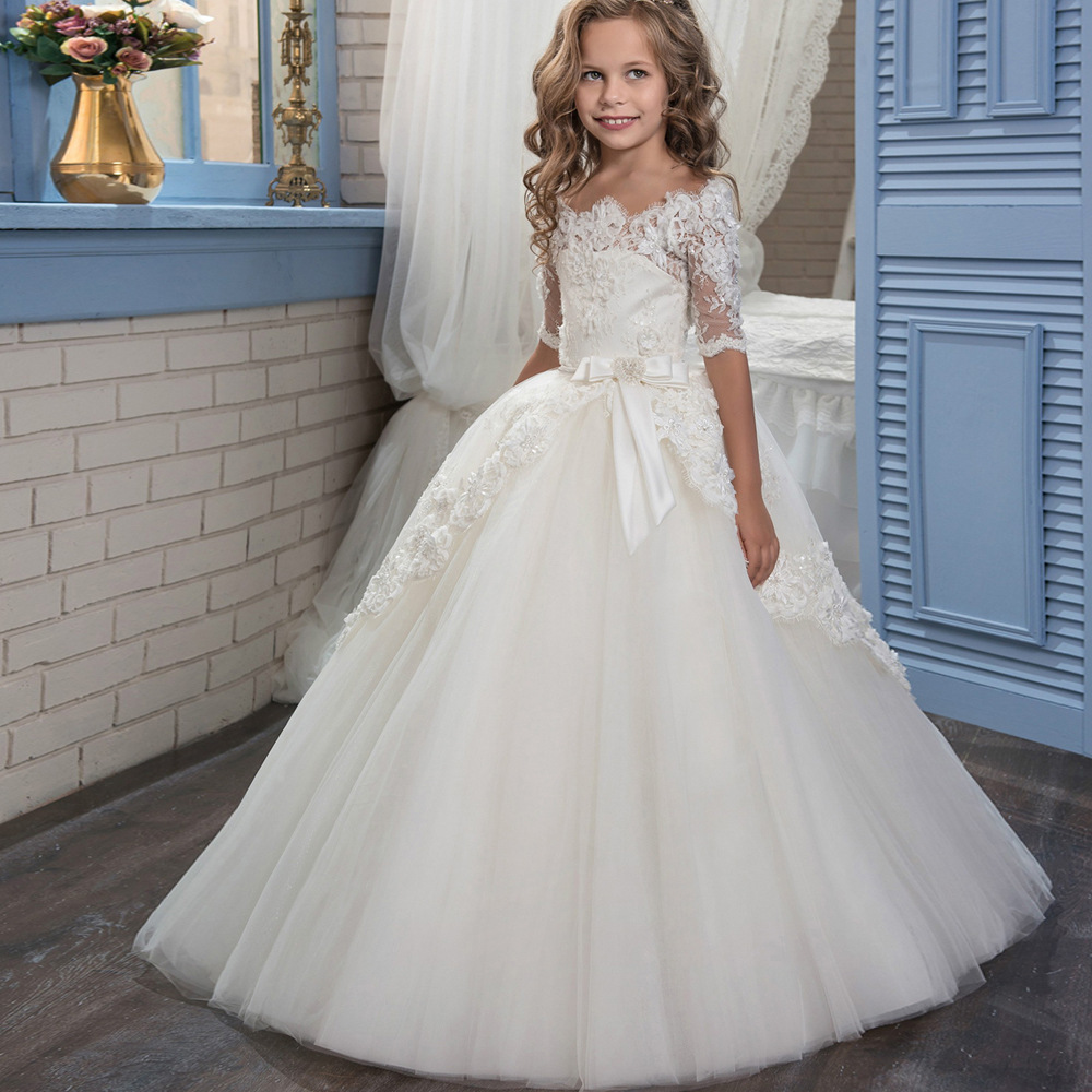 Comercio exterior transfronterizo ropa para niños nuevo Blanco Amor encaje floral retro medio manga larga Niña pettiskirt flor niña vestido de novia