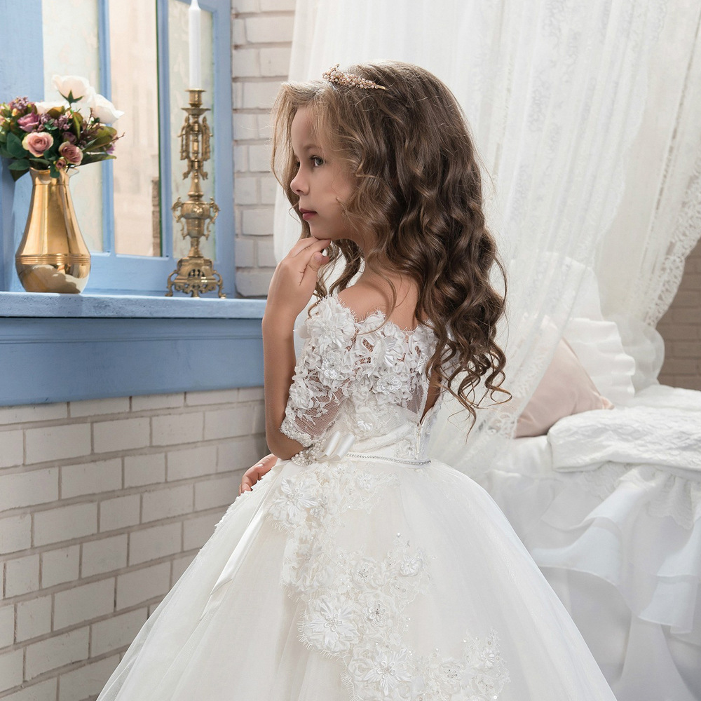 Comercio exterior transfronterizo ropa para niños nuevo Blanco Amor encaje floral retro medio manga larga Niña pettiskirt flor niña vestido de novia