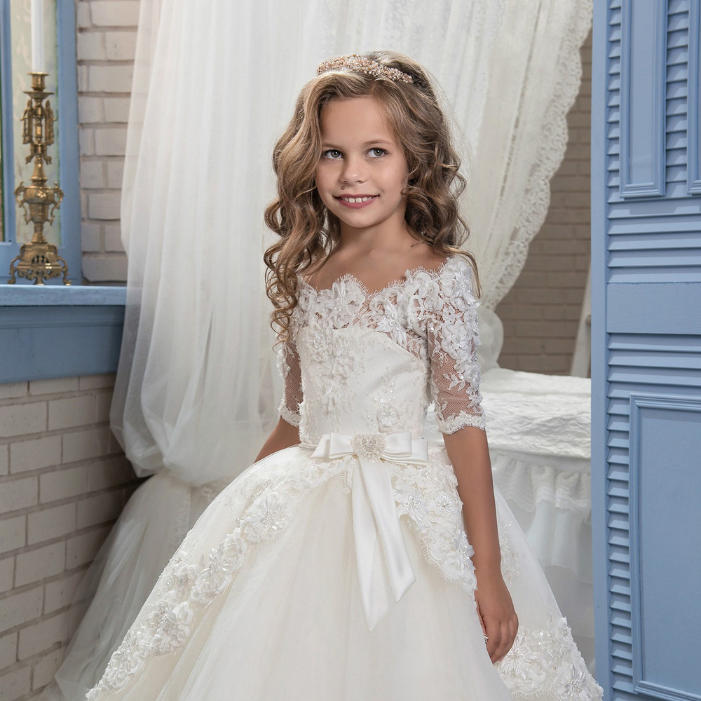 Comercio exterior transfronterizo ropa para niños nuevo Blanco Amor encaje floral retro medio manga larga Niña pettiskirt flor niña vestido de novia