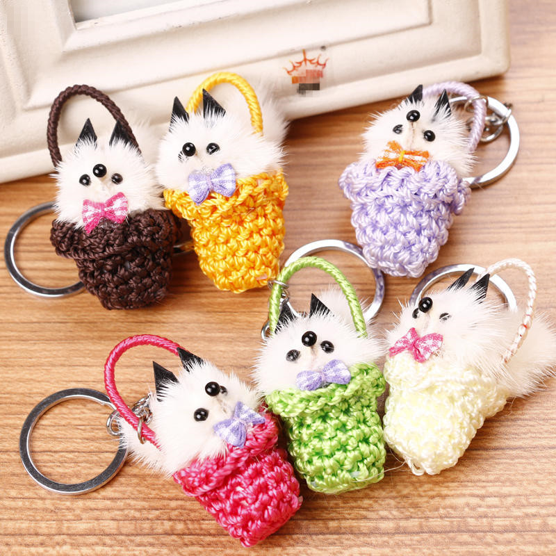 Estilo coreano lindo mascota de peluche colgante de piel de visón cesta de perro llavero señora bolsa colgante adornos de coche