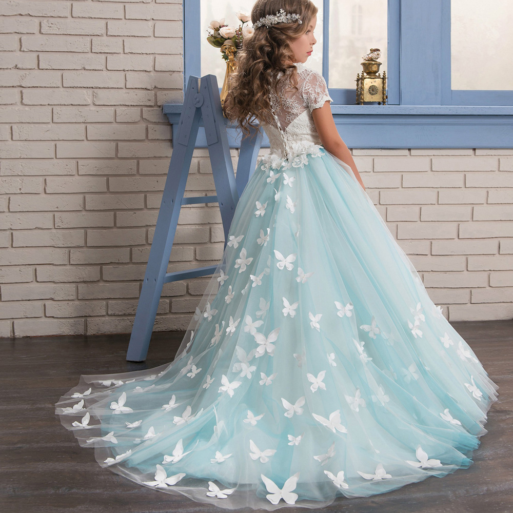 Transfronteriza europea y americana Comercio exterior nueva manga corta de encaje princesa estilo rendimiento bola arco flor niña vestido de novia vestido esponjoso