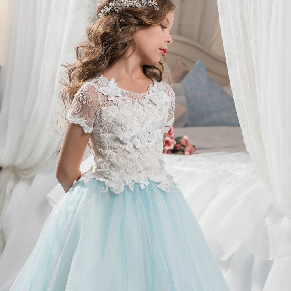 Transfronteriza europea y americana Comercio exterior nueva manga corta de encaje princesa estilo rendimiento bola arco flor niña vestido de novia vestido esponjoso