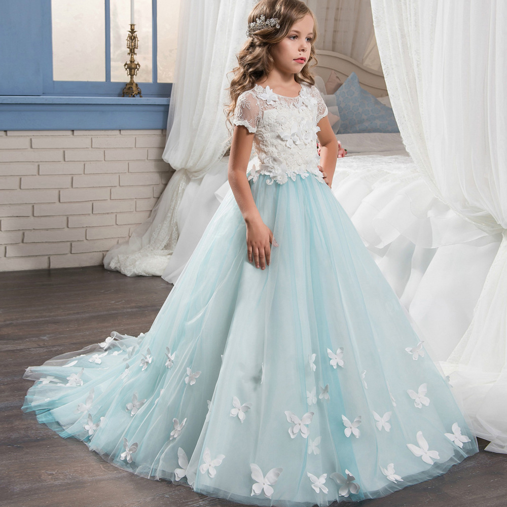Transfronteriza europea y americana Comercio exterior nueva manga corta de encaje princesa estilo rendimiento bola arco flor niña vestido de novia vestido esponjoso
