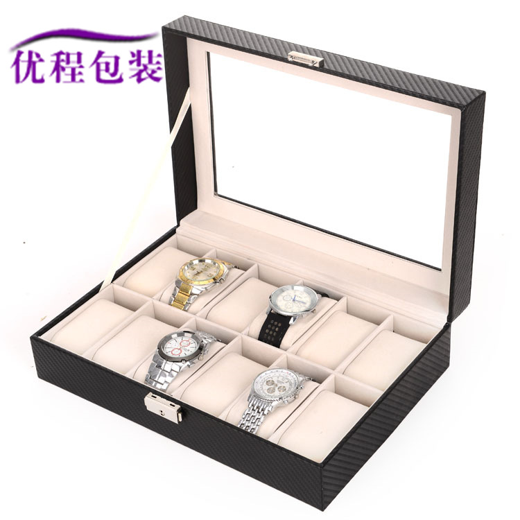 现货批发碳纤维12位手表盒pu皮手表盒木质手表收纳盒子包装盒