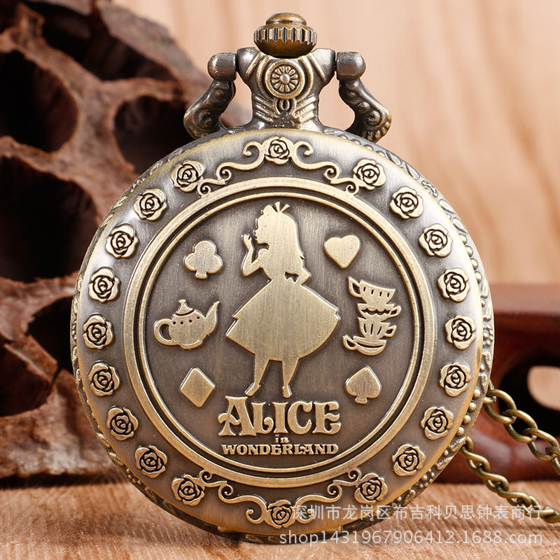 Hot-Selling Retro Nostalgic Little Girl Alice in Wonderland Double-Sided Carved Quartz Pocket Watch, Ready for Immediate Delivery
