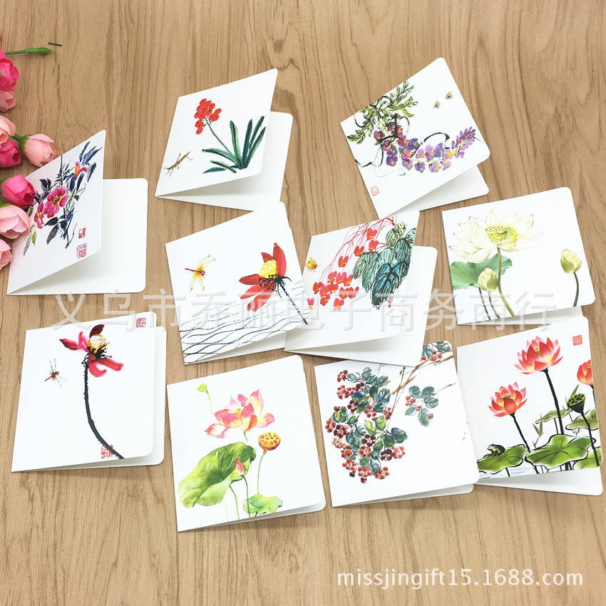 Estilo chino retro pintura de tinta creativa pequeña tarjeta de felicitación flores Tarjeta de mensaje Día de San Valentín gracias Tarjeta de bendición