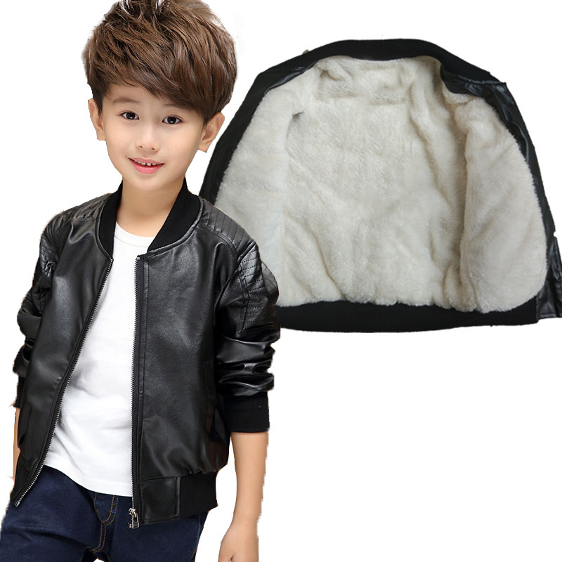 New children's pu leather jacket medium and large boys fleece-lined thickened leather jacket top factory direct supply