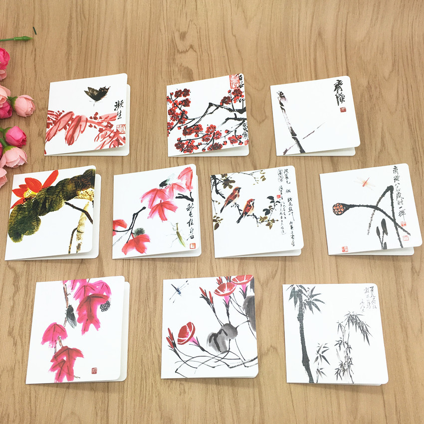 Estilo chino retro pintura de tinta creativa pequeña tarjeta de felicitación flores Tarjeta de mensaje Día de San Valentín gracias Tarjeta de bendición