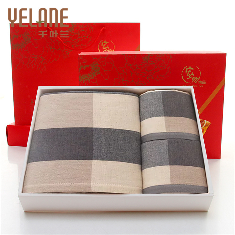 Fresh Japanese style large plaid gauze plaid cotton towel bath towel three-piece gift box gift embroidered logo