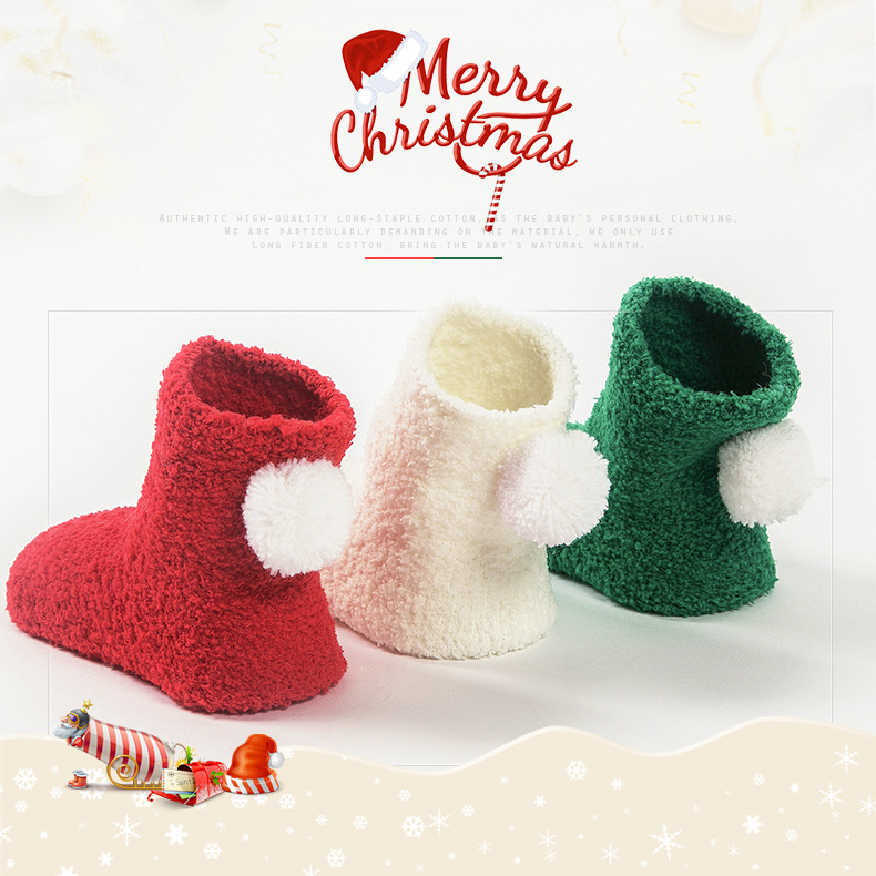 Nuevo bebé pompón calcetines de Navidad engrosados calcetines de bebé cálido 0-1-3 años de edad recién nacido invierno calcetines suaves
