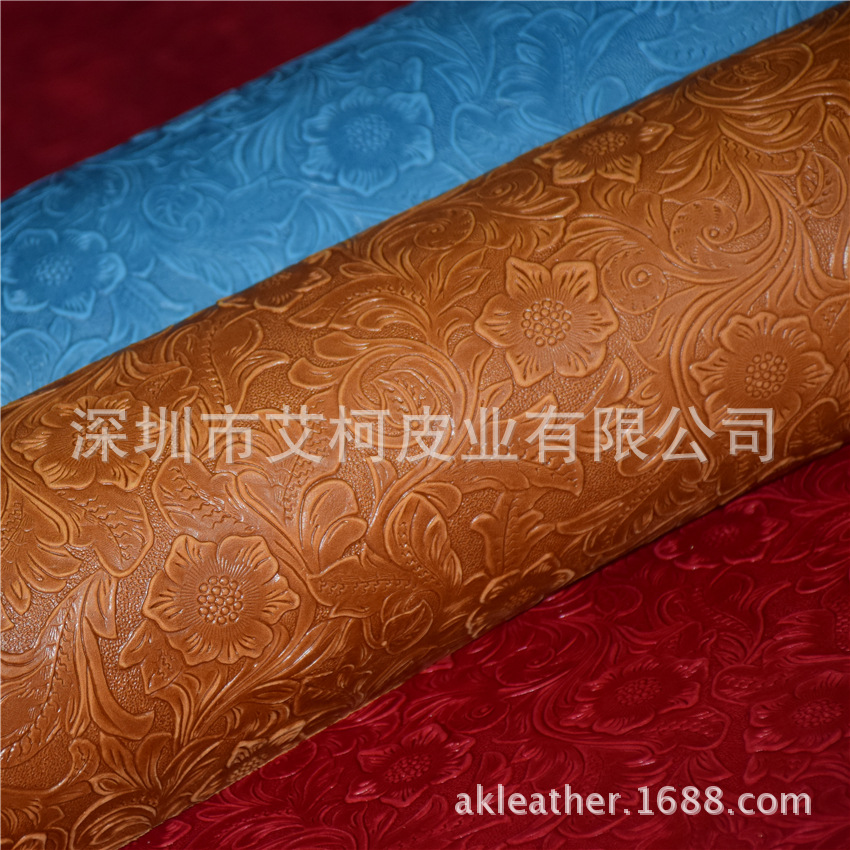 艾柯皮业 现货批发 复古唐草花牛皮 压花疯马皮 头层黄牛皮