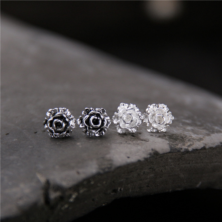 梵银素白S925纯银时尚个性小花文艺耳钉做旧泰银复古民族风女耳饰