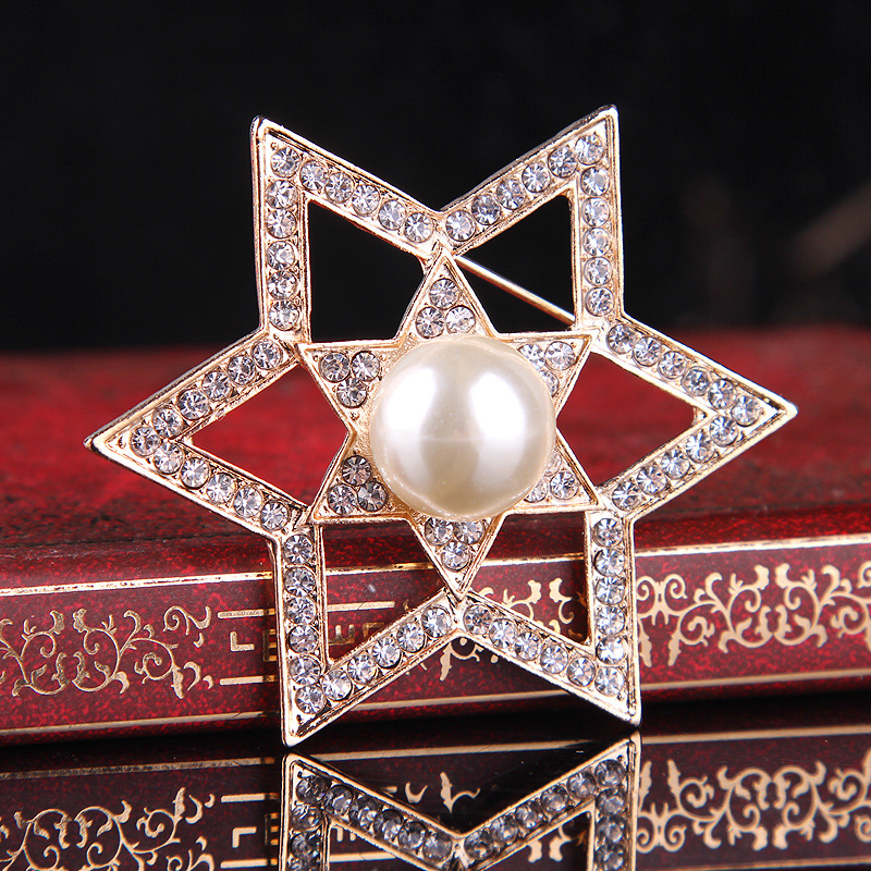 Stile coreano alla moda e atmosfera versatile piena di spilla a forma di stella a sei punte con perle di diamanti, accessori per abbigliamento femminile_voghion.com
