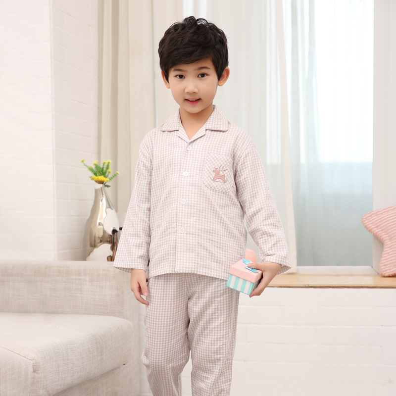 Children's Pajamas, Pure Cotton, Yarn-Dyed, Japanese Style, Boys' Long-Sleeved Autumn Set, Spring and Summer, Big Kids' Loungewear, All-Cotton Air-Conditioning Clothing
