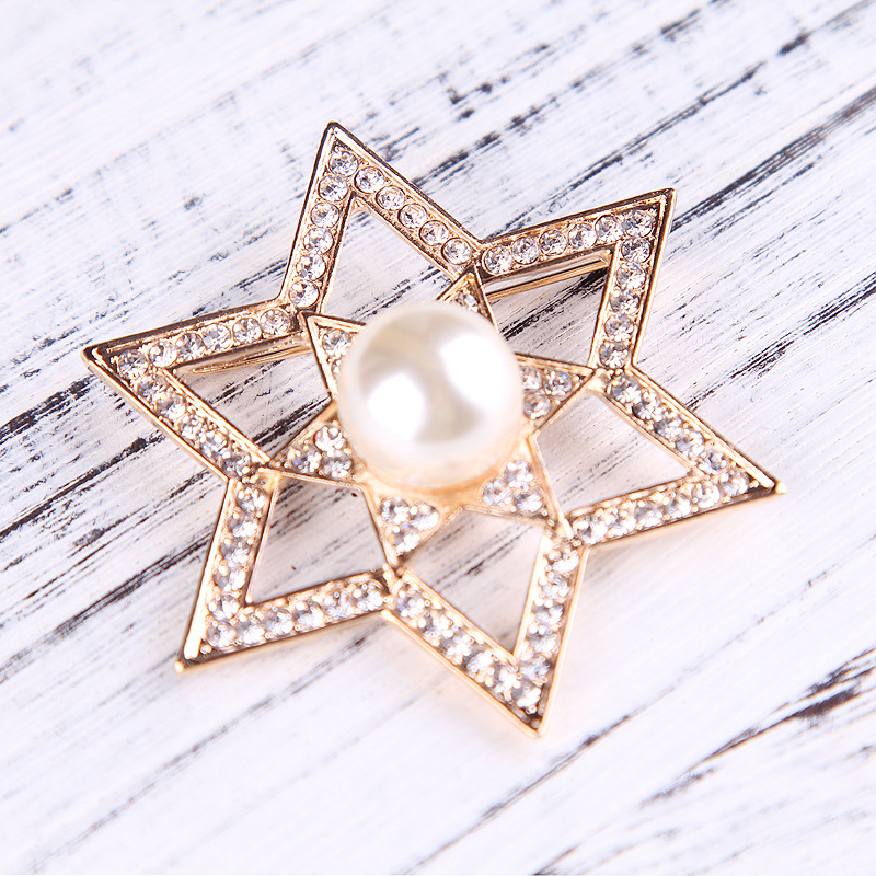 Stile coreano alla moda e atmosfera versatile piena di spilla a forma di stella a sei punte con perle di diamanti, accessori per abbigliamento femminile_voghion.com