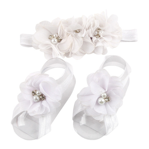 Eurasian Baby Headband and Foot Flower Set - Three Pearl Hand-Stitched Hair Ties and Foot Ties - Solid Color Infant Head and Foot Set