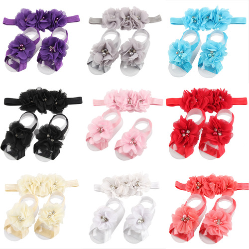 Eurasian Baby Headband and Foot Flower Set - Three Pearl Hand-Stitched Hair Ties and Foot Ties - Solid Color Infant Head and Foot Set