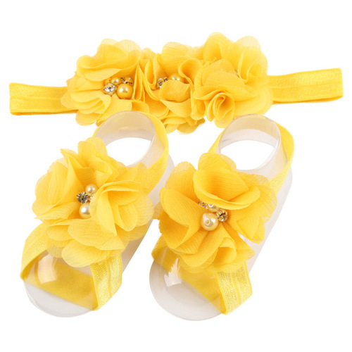 Eurasian Baby Headband and Foot Flower Set - Three Pearl Hand-Stitched Hair Ties and Foot Ties - Solid Color Infant Head and Foot Set