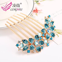 韩版盘发发梳插梳水晶镶钻刘海梳头花叶子款七齿发插发卡厂家直销