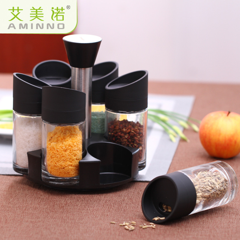 Botella de condimento de vidrio vertical botella de condimento de cocina creativa sazonador tarro 7 unidades traje fábrica al por mayor