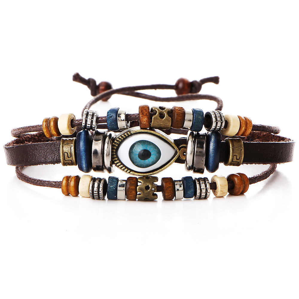 European and American Retro Exaggerated Ethnic Style Eye Eye Multi-Layer Adjustable Beaded Bracelet Hand-Woven Leather Bracelet