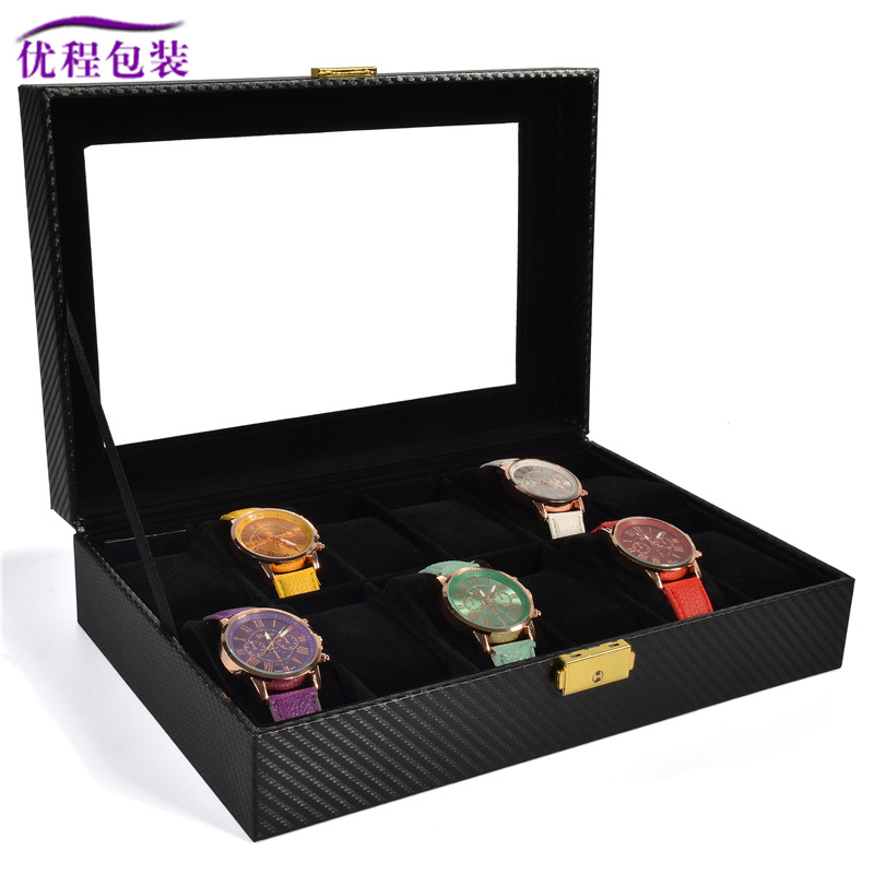 现货批发碳纤维全黑pu皮革12位手表盒子手表箱木质手表包装盒