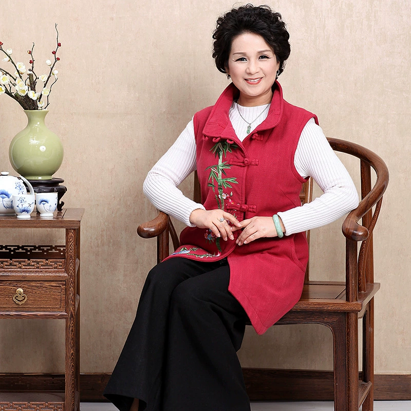 Осенне-зимний женский жилет из хлопка и льна в китайском стиле с трехмерной вышивкой и пряжкой с воротником-стойкой, цельная доставка из хлопка и льна в китайском стиле
