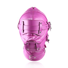 SM调教成人情趣用品深粉色皮革全包阳具头套可拆卸眼罩成人性玩具
