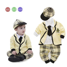 男童学院风秋装 绅士领带套装带帽  黄色5件套