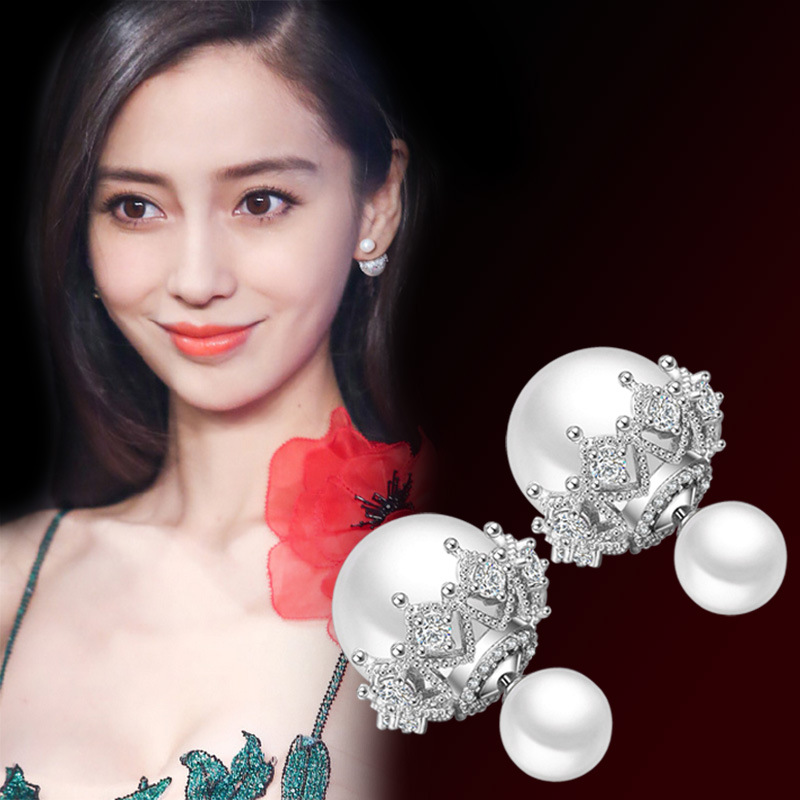 Fashionable double-sided earrings pearl with zircon