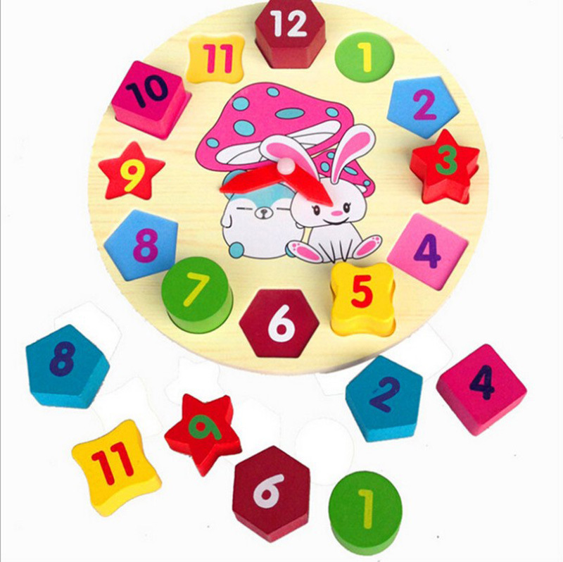 Conejo de dibujos animados reloj fabricante en stock fuente madera forma geométrica juego educación infantil aprendizaje rompecabezas